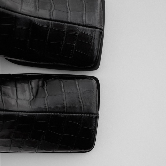 Zara Black Animal Croc Effect Genuine Leather Square Toe Block Heel Slides Mules - Picture 3 of 6